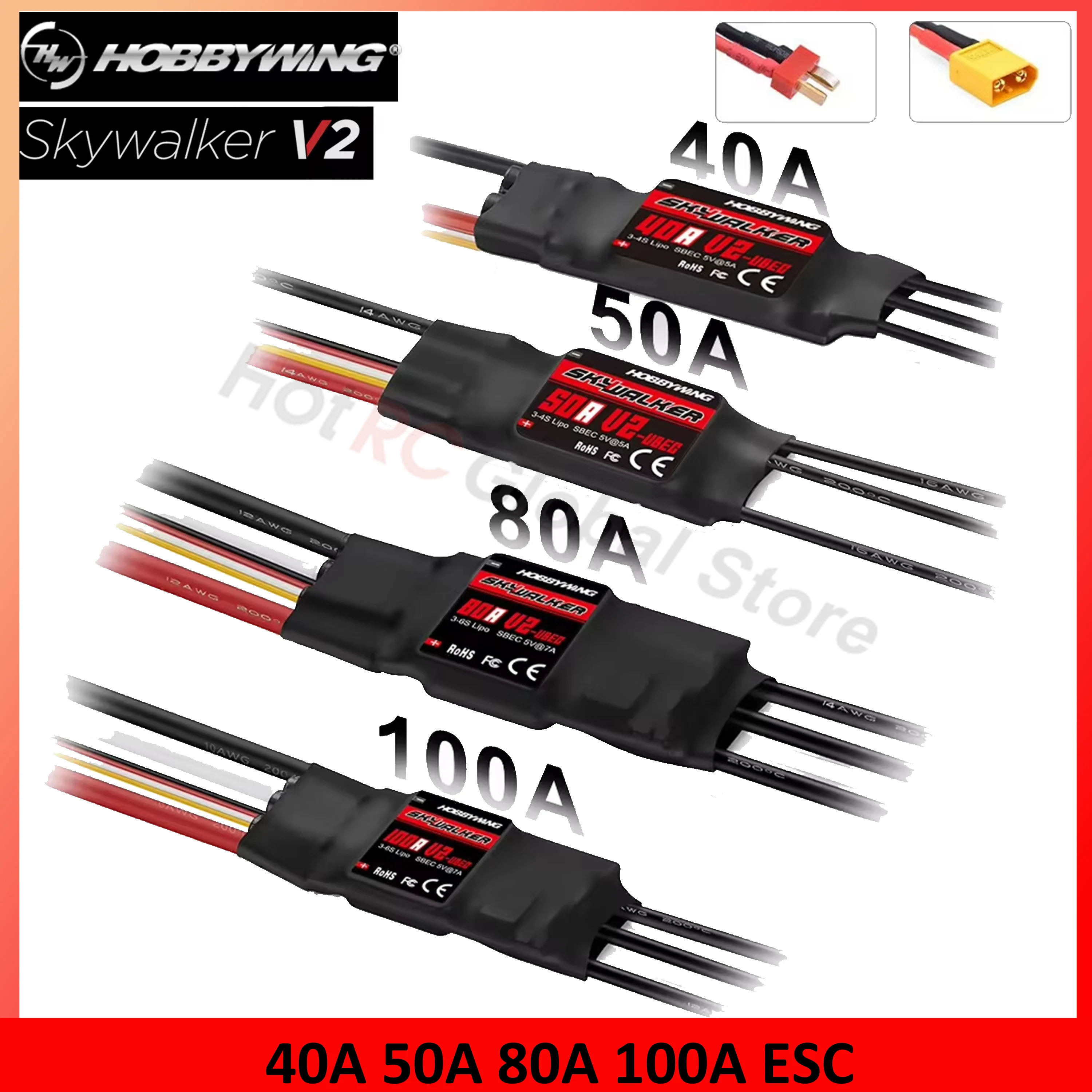 Fpv Drone Esc - Hobbywing-Skywalker escスピードコントローラー,rc fpvドローン,クワッドコプター飛行機,v2シリーズ,40a,50a,80a,100a,t xt60プラグ